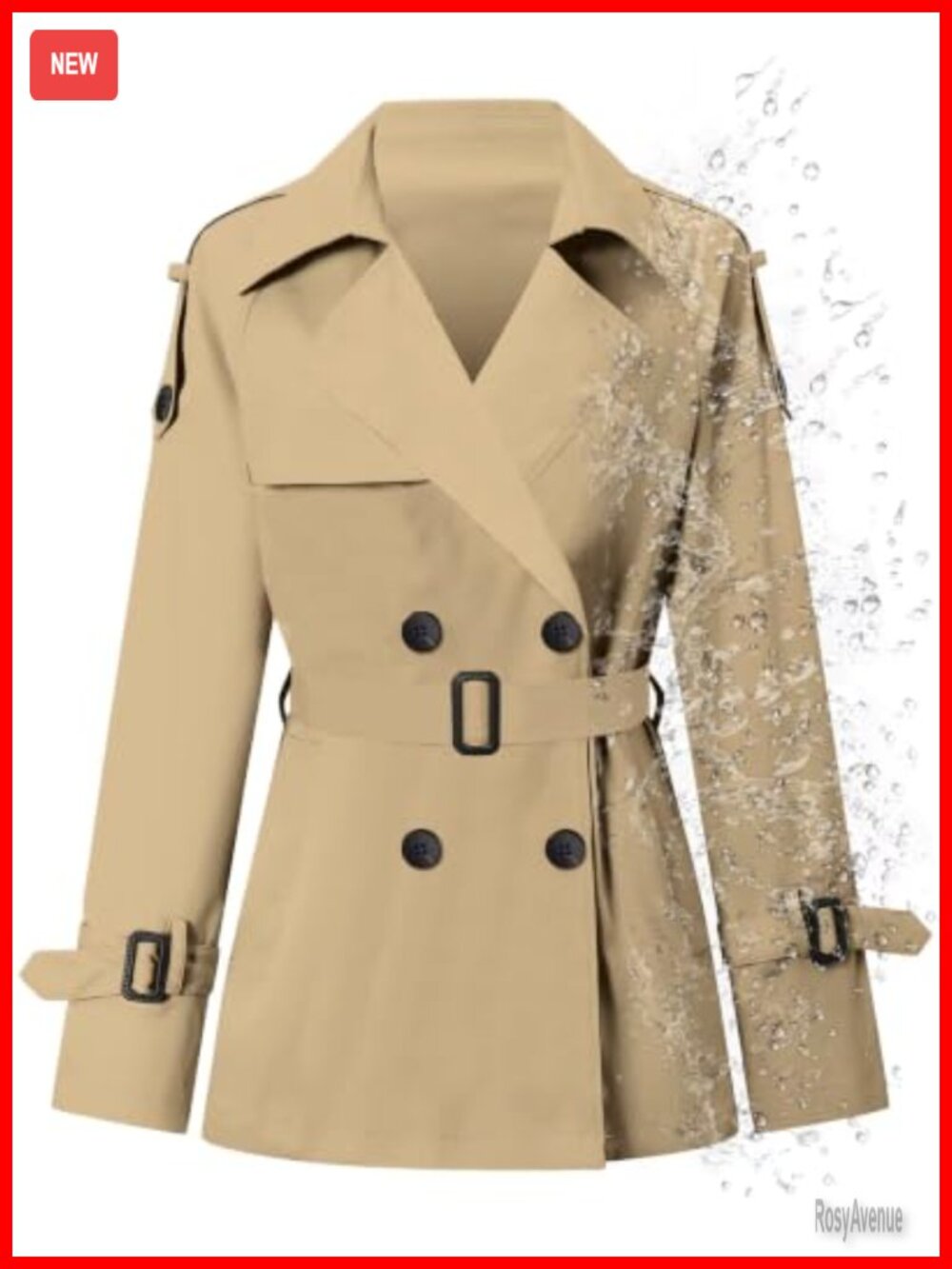 Water-Repellent Double Breasted Belted Short Trench Coat